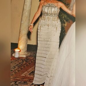 Couture Badgley Mischka gown. Hand beaded. Pale sage, fine lace, warm color bead